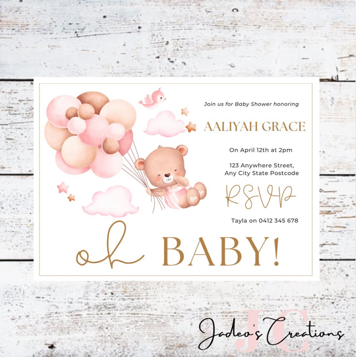 Oh Baby Teddy Bear Baby Shower Invitation